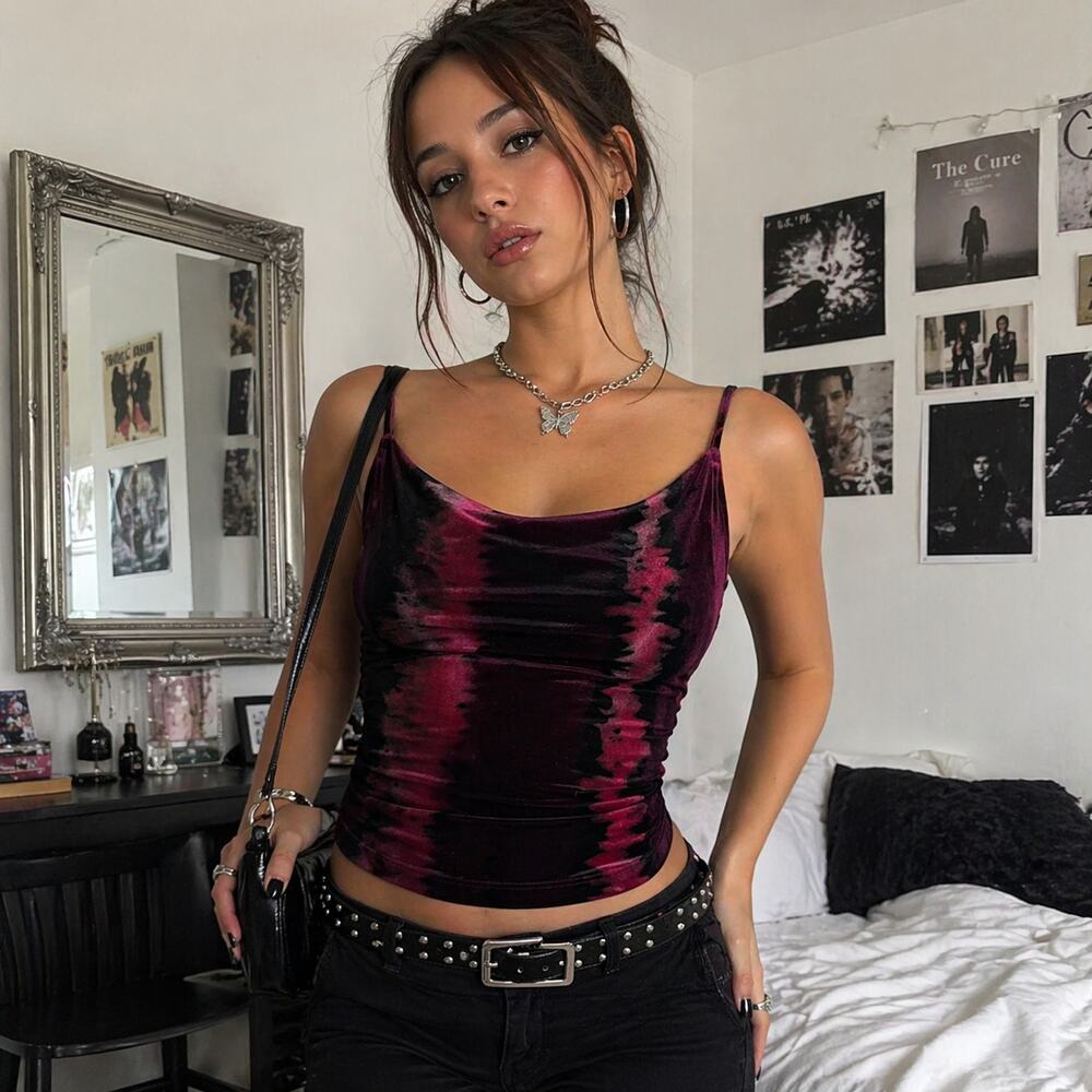 ENR Evolution Not Revolution Y2K Burgundy Black Abstract Tie-Dye Velvet Tank Top